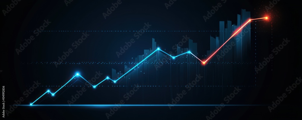 A digital graph showing an upward trend with blue and red lines on a dark background. A digital graph showing an upward trend with blue and red lines on a dark background.