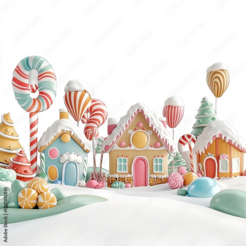 Colorful candyland scene with whimsical houses, lollipops, and trees, isolated on white background. Colorful candyland scene with whimsical houses, lollipops, and trees, isolated on white background.