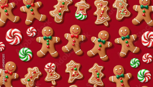 gingerbread man seamless pattern with christmas candies and biscuits