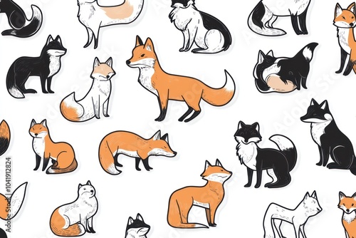 sticker sheet, many aesthetic illustration, outlined, minimalist-lineart, fox