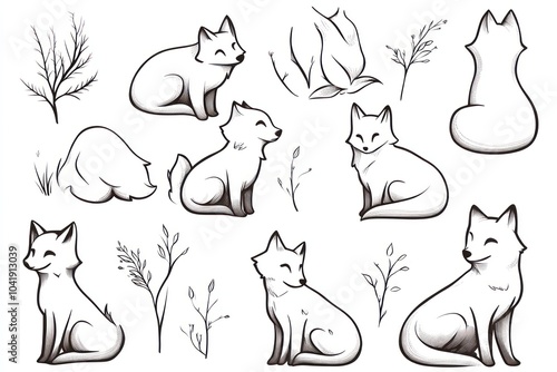 sticker sheet, many aesthetic illustration, outlined, minimalist-lineart, fox