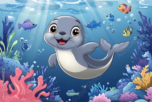 Cute Baby Seal Enjoying a Swim with Fish in the Ocean - Cartoon Illustration
