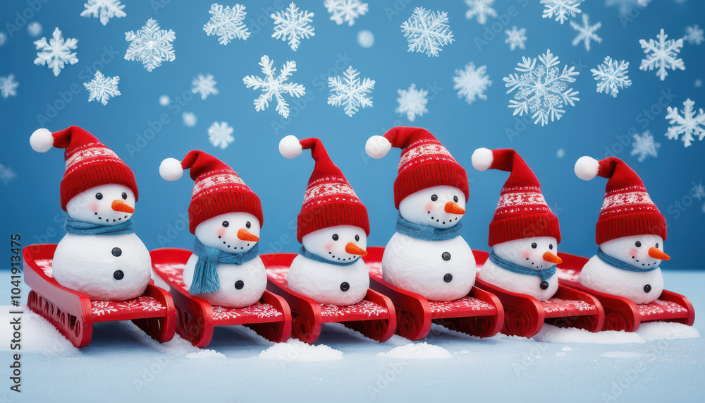cute jolly merry snowmans in red hat and scarf on the snow, red sledges around, postcard design, blue background cute jolly merry snowmans in red hat and scarf on the snow, red sledges around, postcard design, blue background