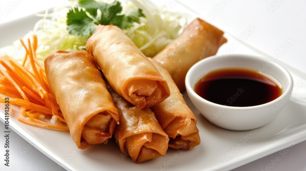 Crispy spring rolls arranged on a white plate with a small bowl of soy sauce, accompanied by shredded cabbage and sliced carrots as garnish. --chaos Crispy spring rolls arranged on a white plate with a small bowl of soy sauce, accompanied by shredded cabbage and sliced carrots as garnish. --chaos