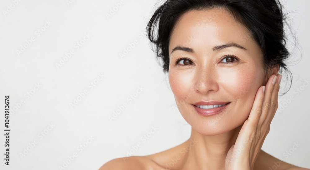 A close-up portrait of a mature Japanese woman with radiant, flawless skin, gently touching her face. She smiles softly, exuding natural beauty and confidence against a minimalist white background. A close-up portrait of a mature Japanese woman with radiant, flawless skin, gently touching her face. She smiles softly, exuding natural beauty and confidence against a minimalist white background.