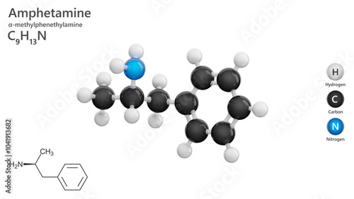 Molecule: Amphetamine. Molecular structure. Formula: C9H13N. Chemical model: Ball and stick. Stimulant. Drug. White background. 3D illustration