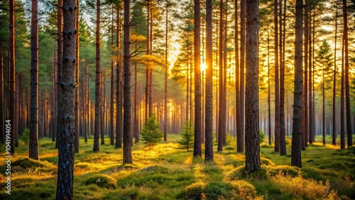 Obraz na płótnie Asymmetrical nordic pine forest in the evening light with short depth of field w salonie