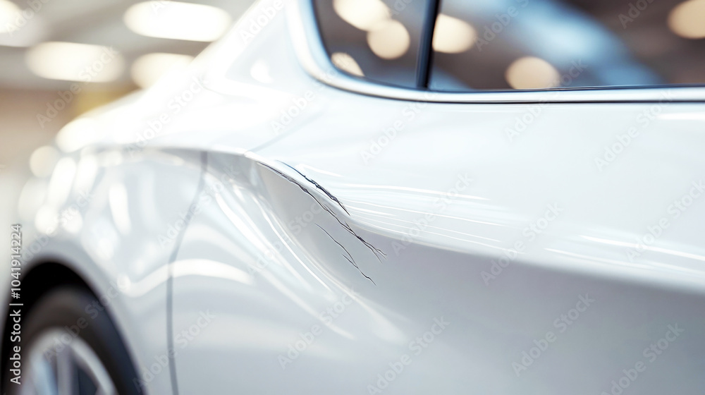Close-up of a white car door with dent, scratches and cracked paint. Consequences of a car accident, car repairs under insurance. Selective focus. Close-up of a white car door with dent, scratches and cracked paint. Consequences of a car accident, car repairs under insurance. Selective focus.