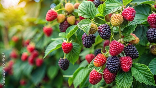 black red raspberry berry bush in the garden from tilted angle