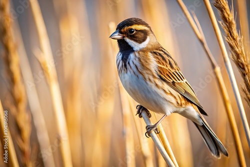 Reed bunting bird perched in reeds photo