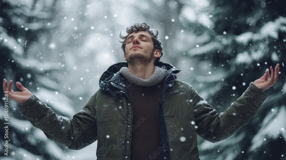 Man Enjoying Snowfall in a Peaceful Forest Setting Under a Soft Blanket of Snow Flurries Man Enjoying Snowfall in a Peaceful Forest Setting Under a Soft Blanket of Snow Flurries