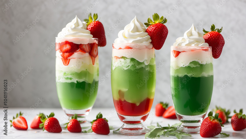 Three layered dessert glasses. Each has white, green, and red layers, topped with whipped cream and a strawberry.
Three layered dessert glasses. Each has white, green, and red layers, topped with whipped cream and a strawberry.