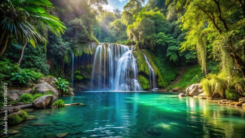 breathtaking waterfall in lush jungle with crystal clear lake