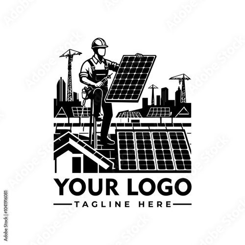 Vector Logo worker installing solar panels on rooftop city skyline. Suitable for energy, sustainability, green technology, construction, urban development, and ecofriendly concepts.