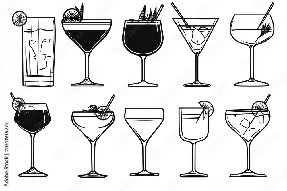 top cocktail outline only icons, black on white background top cocktail outline only icons, black on white background