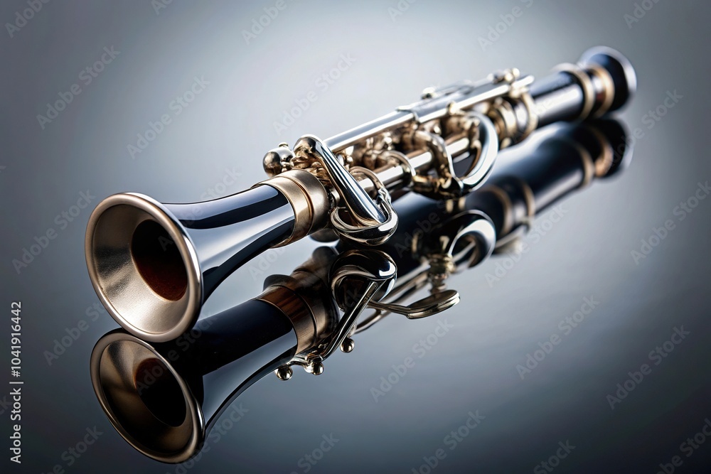 Naklejka premium Bell of clarinet on reflective surface with dark background tilted angle
