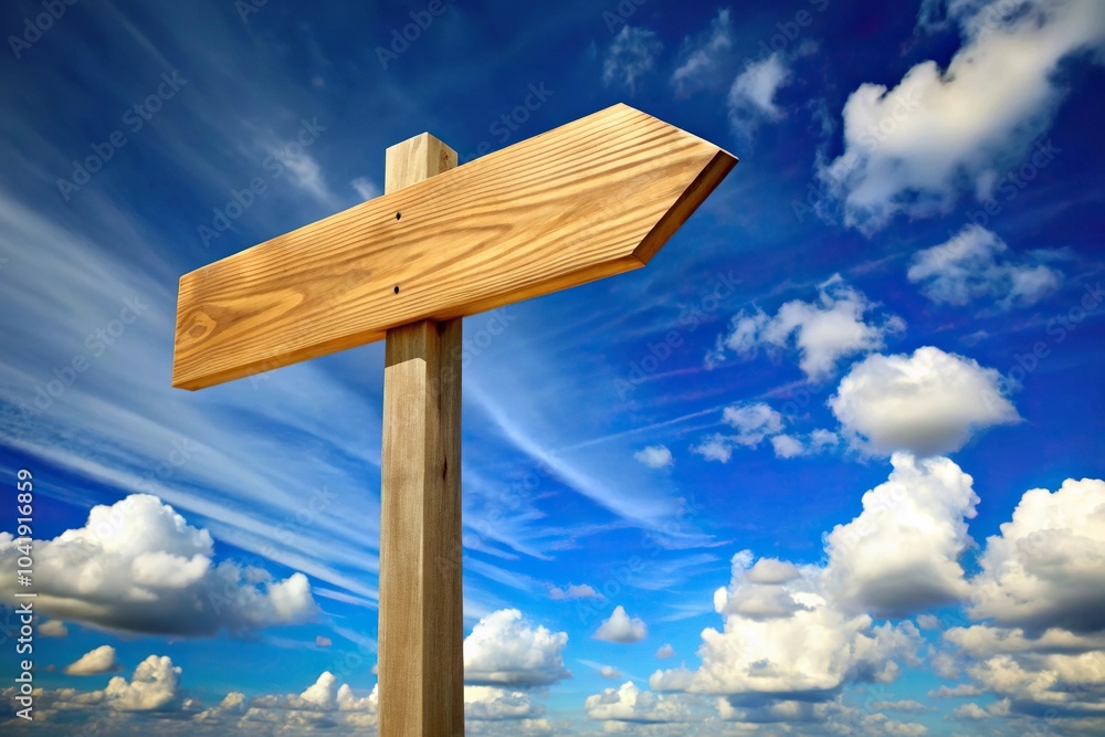 Wooden signpost against blue sky with sun and clouds Wooden signpost against blue sky with sun and clouds