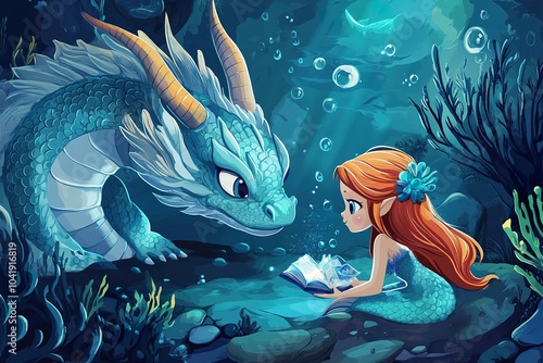 Dragon and Mermaid Sharing Stories Under the Sea: A Magical Underwater Friendship Cartoon Illustration