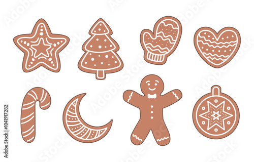 Set of Christmas gingerbread cookies. Winter homemade xmas sweets. Gingerbread man, tree, heart, star, moon, candy and glove. Hand drawn vector illustration. [Converted]