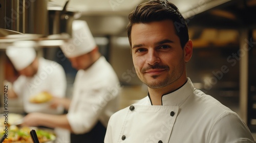 A young European male chef smiles proudly in a vibrant kitchen, showcasing his passion for culinary arts. The atmosphere captures teamwork and creativity in food preparation.