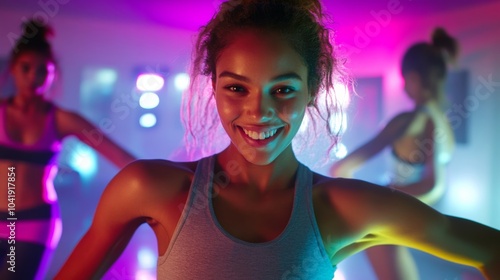 Joyful fitness class with vibrant lights and energetic movement, showcasing a smiling young woman leading her friends in exercise.