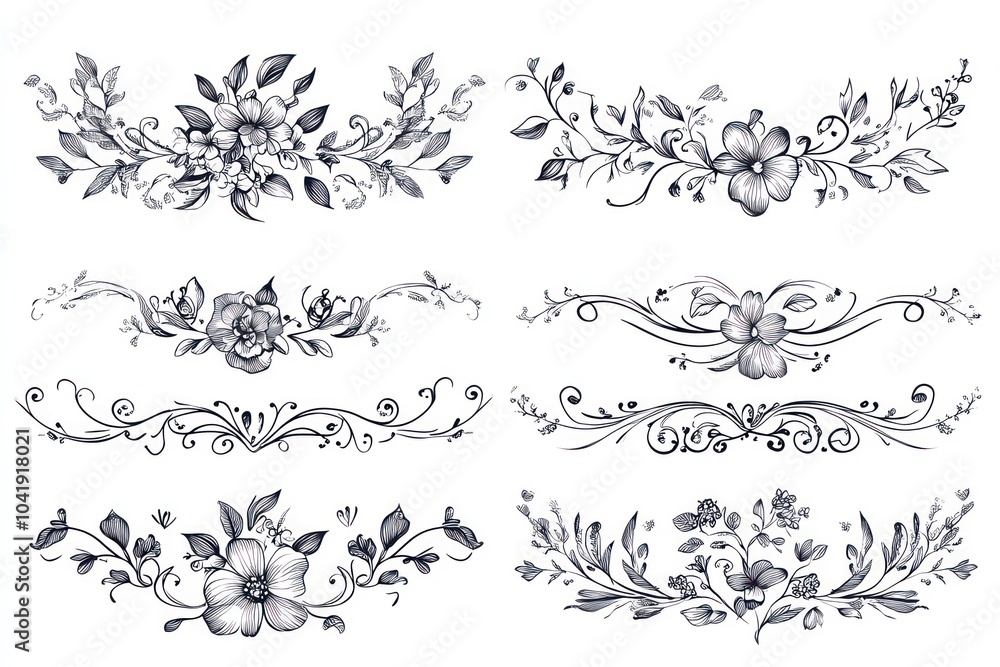 Vector flat style vector design set of simple line art decorative borders, and floral ornaments for wedding invitation cards with a white background Vector flat style vector design set of simple line art decorative borders, and floral ornaments for wedding invitation cards with a white background