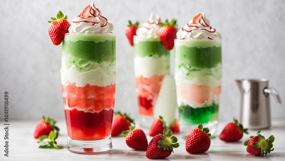 Three layered dessert glasses. Each has white, green, and red layers, topped with whipped cream and a strawberry.
Three layered dessert glasses. Each has white, green, and red layers, topped with whipped cream and a strawberry.