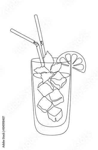 Drink Glass with slice of lime and ice cubes. Lemonade cocktail with mint and straws line art style icon. Continuous line drawing vector illustration.