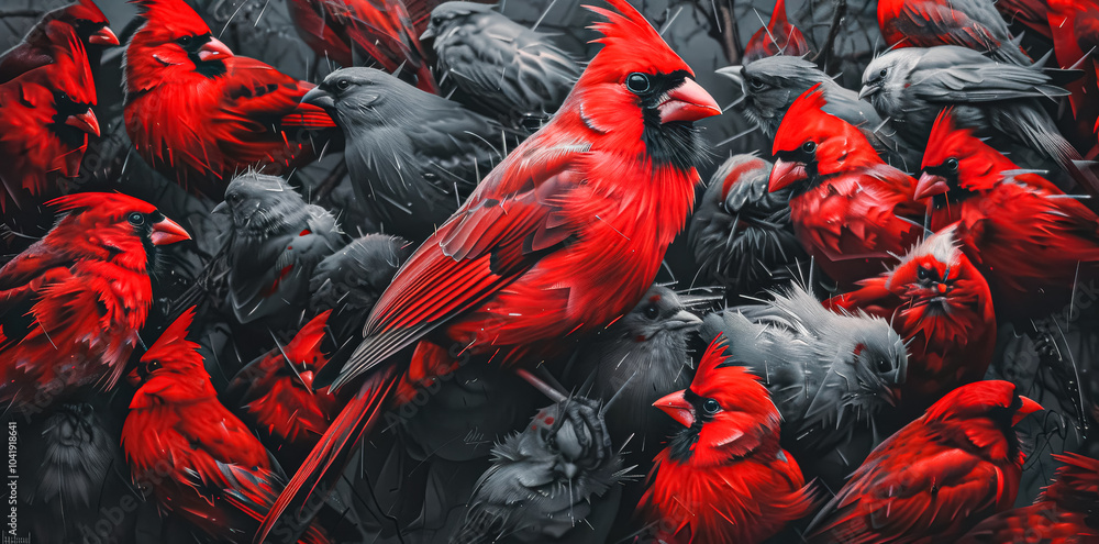 Fototapeta premium Group of red birds are standing together in a black and white photo. The birds are all different sizes and are positioned in various angles. The photo has a bold and striking appearance