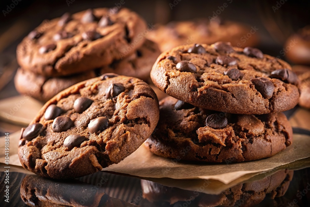 Closeup shot of dark chocolate cookies on baking paper reflected in the background Closeup shot of dark chocolate cookies on baking paper reflected in the background