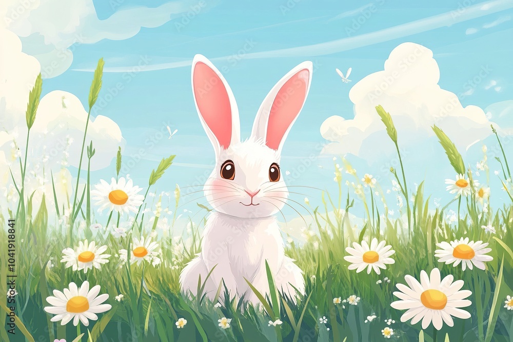 Cute Fluffy Bunny Relaxing in a Daisy Meadow - Cartoon Illustration Cute Fluffy Bunny Relaxing in a Daisy Meadow - Cartoon Illustration