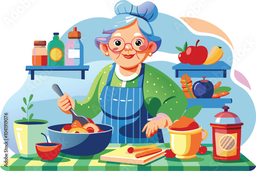 Grandma is cooking in kitchen, flat illustration, vector illustration.