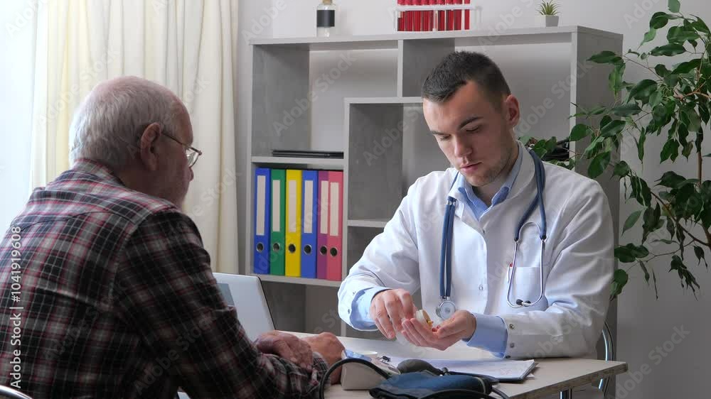 A young doctor in the office, receives an elderly man, explains his health condition, makes a diagnosis, prescribes appropriate treatment, and provides moral support to the elderly patient. Slow motio A young doctor in the office, receives an elderly man, explains his health condition, makes a diagnosis, prescribes appropriate treatment, and provides moral support to the elderly patient. Slow motio