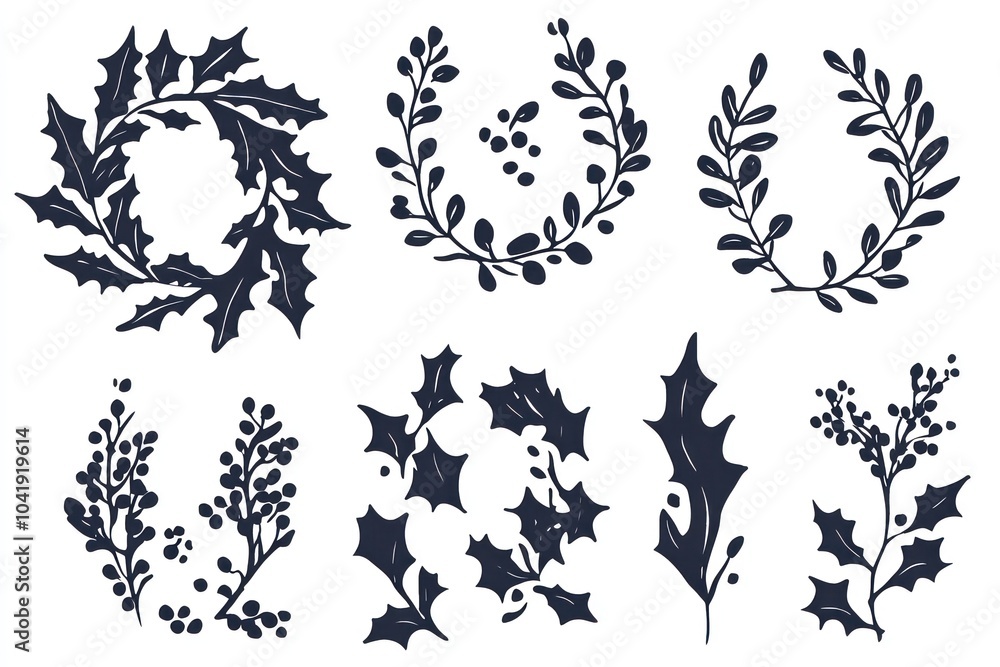 Vector set of simple hand-drawn holly laurels with playful patterns, holly wreaths, and leaves. Vector set of simple hand-drawn holly laurels with playful patterns, holly wreaths, and leaves.