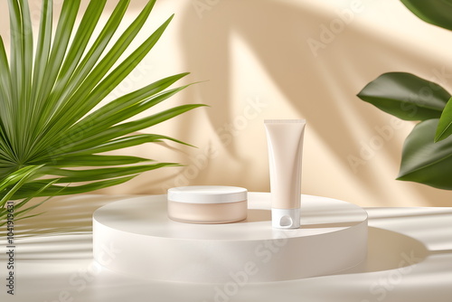 A clean product mockup a moisturizer tube and jar, placed on a white podium, minimalistic mockup