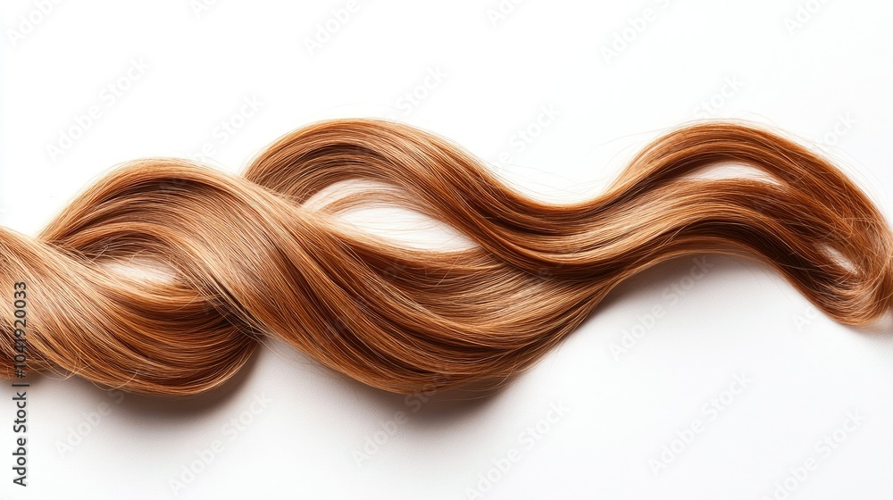 Curly strand of light brown hair, isolated on a white background. The curls are well-defined and bouncy, with a healthy-looking shine. --chaos