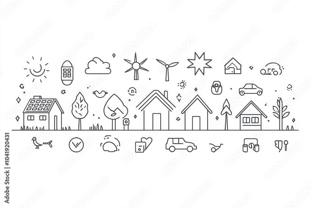 White background and vector line with icons of houses, solar panel, trees, birds, wind turbine White background and vector line with icons of houses, solar panel, trees, birds, wind turbine