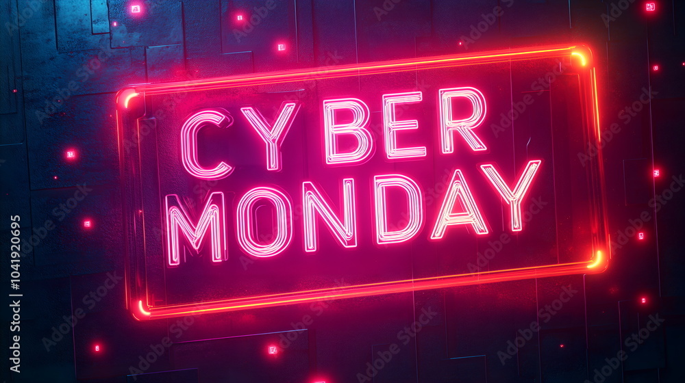 Fototapeta premium A glowing rectangular neon frame with text glitch effects digital bright, banner cyber Monday