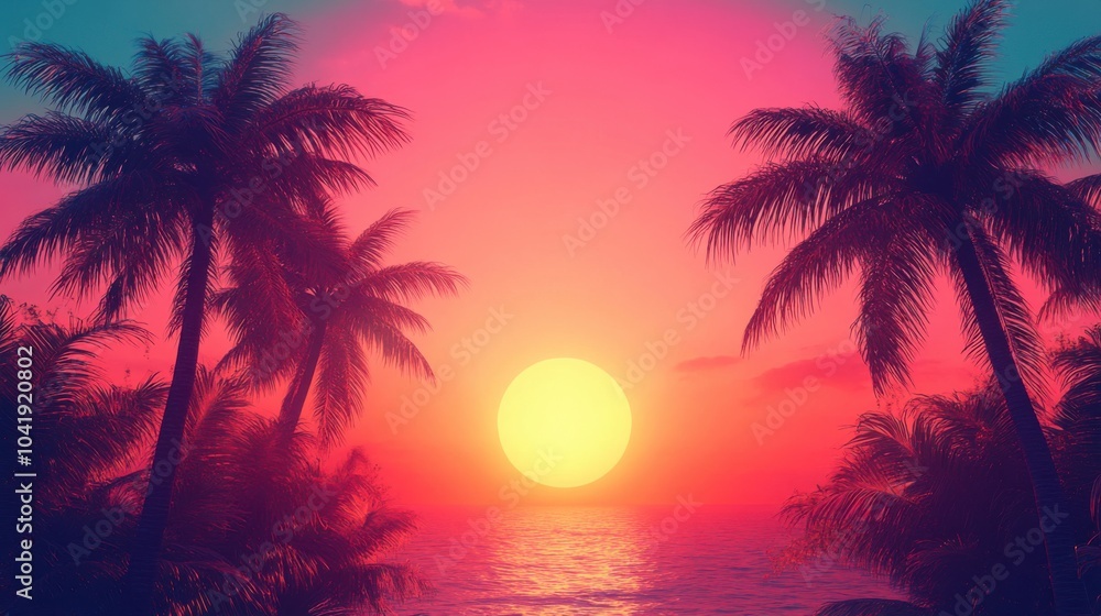 Sunset over the ocean with palm trees and a boat Sunset over the ocean with palm trees and a boat