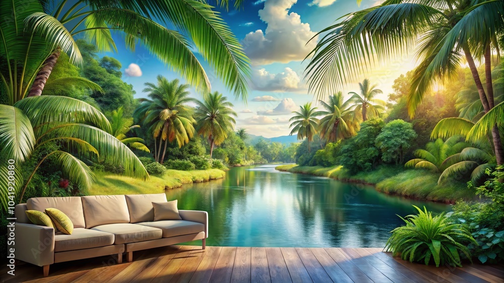 Fototapeta premium Jungle Landscape Mural with River and Palm Trees for Stunning Interior Decor
