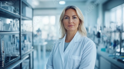 A confident middle-aged woman in a laboratory setting, wearing a white coat. 