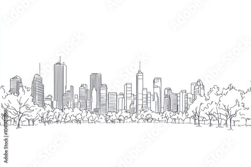 White line drawing illustration of the city skyline with buildings and trees on a white background photo