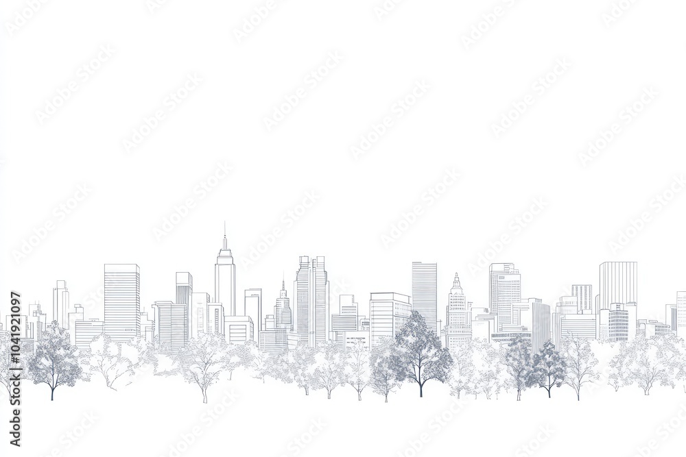 White line drawing illustration of the city skyline with buildings and trees on a white background White line drawing illustration of the city skyline with buildings and trees on a white background