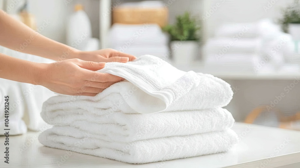Hands folding a clean white towel on a laundry table, with a pile of freshly laundered clothes in the background, ready to be organized. --chaos Hands folding a clean white towel on a laundry table, with a pile of freshly laundered clothes in the background, ready to be organized. --chaos