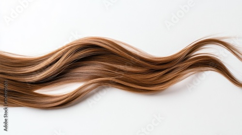 Loose strand of wavy, light brown hair, isolated on a white background. The texture is soft and natural, with a gentle sheen and natural volume. --chaos