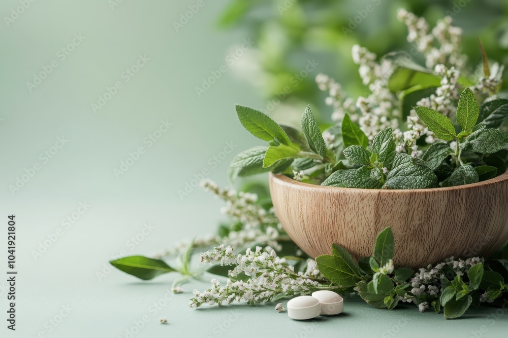 Fresh herbs in a wooden bowl with natural supplements on a soft green background Fresh herbs in a wooden bowl with natural supplements on a soft green background