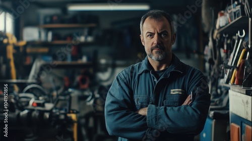 A middle-aged male mechanic stands confidently in his garage surrounded by tools and equipment, showcasing his skilled craftsmanship and serious demeanor.