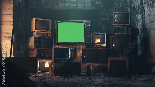 artistic 3d rendered composition old classic television with green screen in the center surrounded with turned off stack of monitors ruined empty room dynamic composition cinematic lighting chroma key