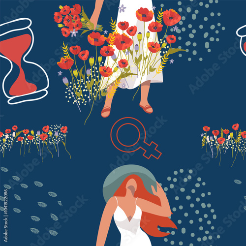 Seamless pattern with a woman, poppies. Symbol of menses. World Menopause Day. Gynecology. Women's health. Clock in the form of a uterus. Yand drawn illustration.