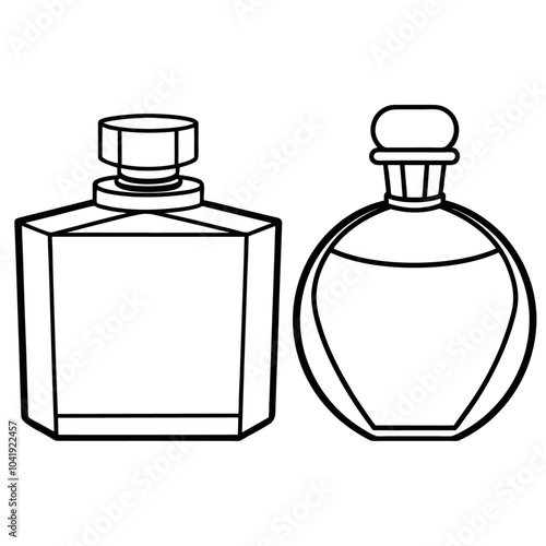 Perfume glass bottle realistic transparent, abstract geometric technical, blank white cosmetic cone shape bottle cap vector illustration